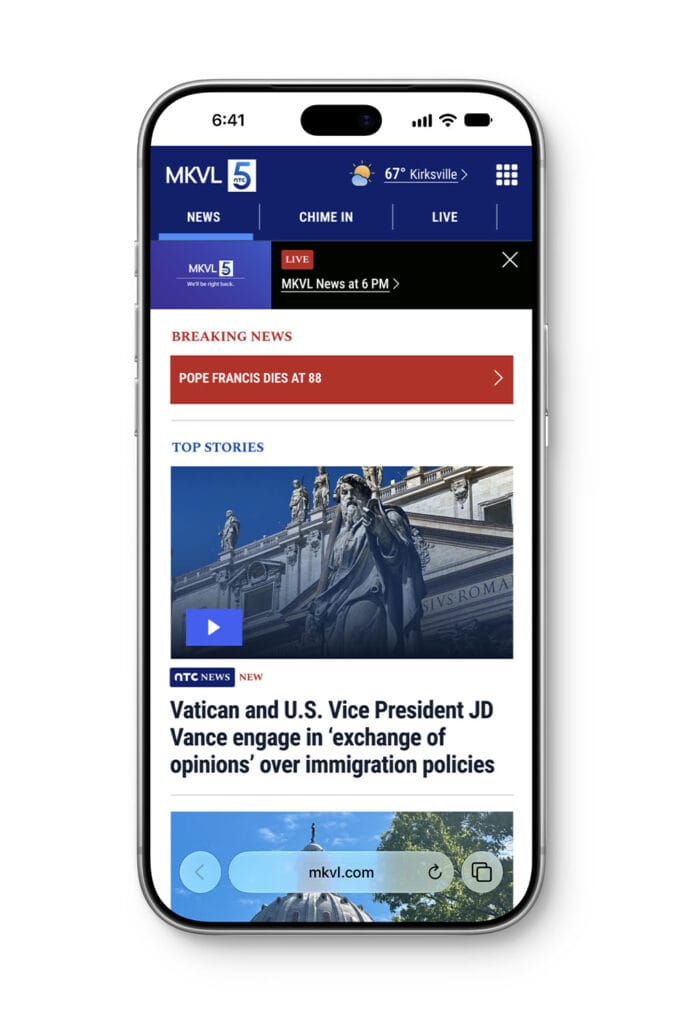 Mobile interface design for MKVL 5 News showing the homepage and breaking news layout